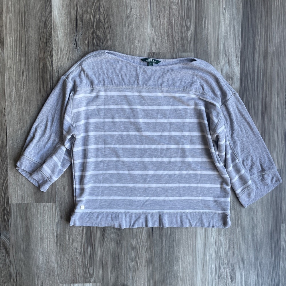 Lauren Ralph Lauren Womens Gray White Striped Boat Neck Ribbed‎ Knit Top Size L